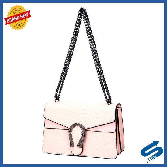 Handbags - Faux Leather Crossbody Bag with Chain Strap, Square Satchel Purse for Women